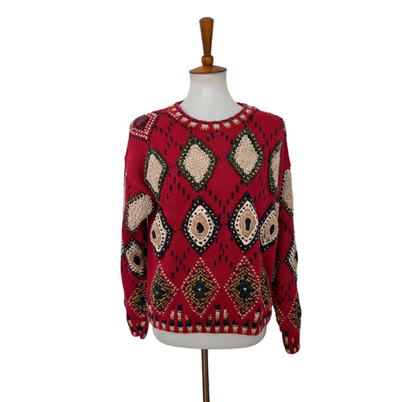 Vintage Northern Isles Hand Knitted Sweater Pullover Long Sleeve Red Large - Picture 1 of 7